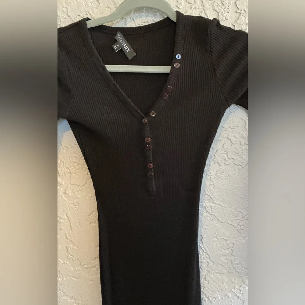 INTERMIX Black Ribbed Long Sleeve Dress